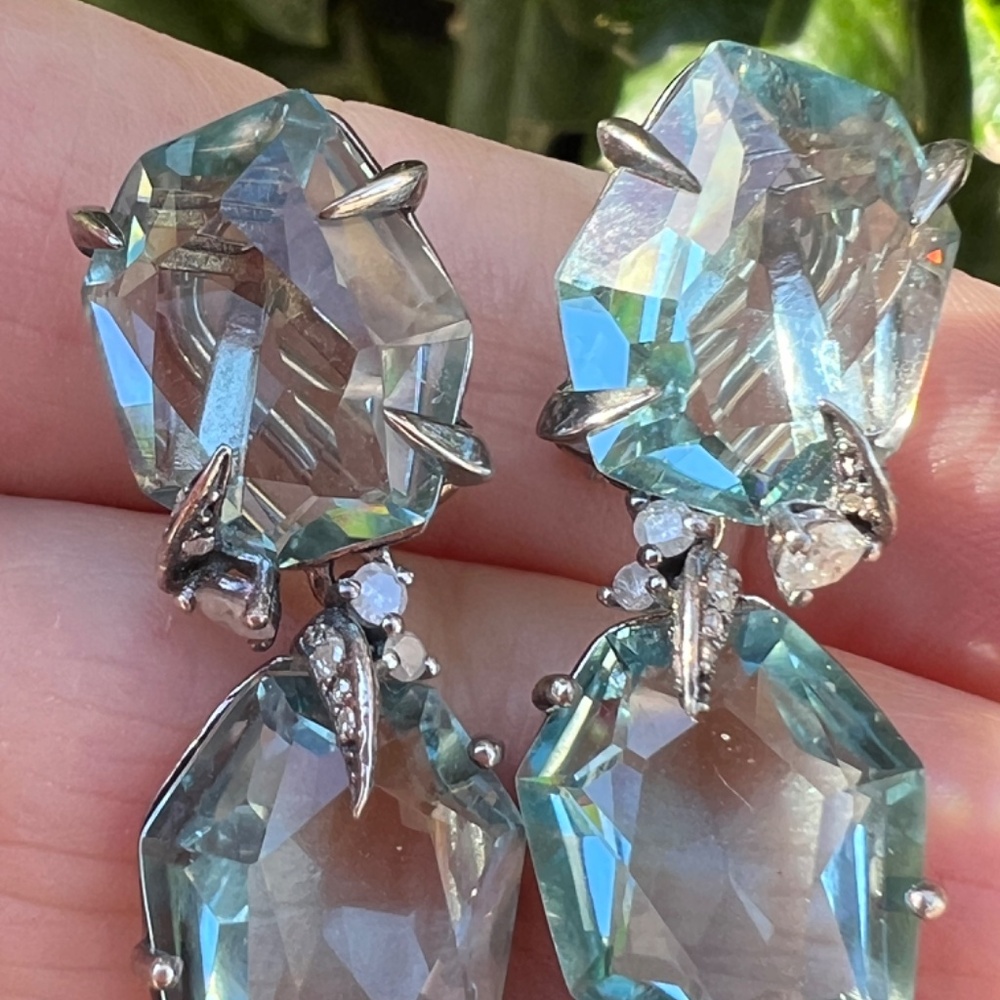 ALEXIS BITTAR FINE BLUE QUARTZ GRAY DIAMONDS LONG DROP DANGLE EARRINGS STATEMENT - Picture 15 of 16